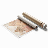 Abstract architectural wall art print showcasing geometric shapes and vibrant colors, rolled and securely packaged in a protective cardboard tube for display.