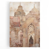 Abstract architectural wall art printed on stretched canvas, showcasing a modern design with dynamic shapes and vibrant colors, ideal for contemporary decor.