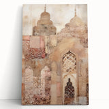 Abstract architectural wall art design on stretched canvas, showcasing geometric shapes in bold colors, elegantly leaning against a neutral wall, perfect for modern decor.