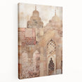 Abstract architectural wall art printed on stretched canvas, showcasing geometric shapes in vibrant colors, perfect for modern home decor. Side view highlights the canvas depth and texture, enhancing visual appeal.