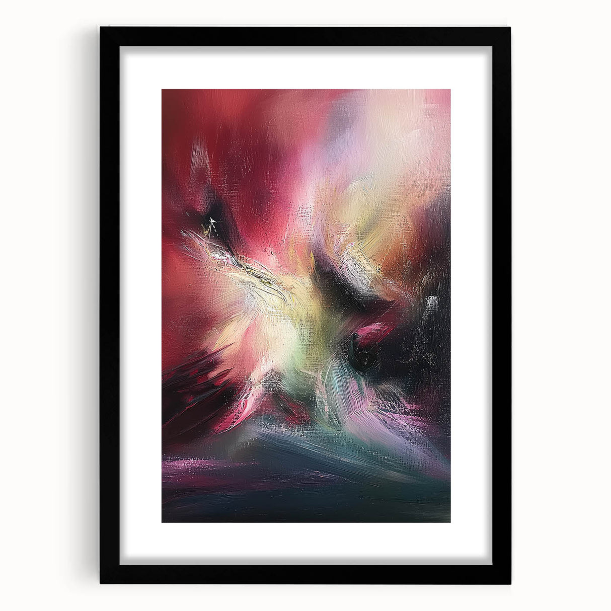 Abstract black splatter art frame with a white mat, showcasing a modern design perfect for contemporary decor. Ideal for adding a touch of elegance to any room.