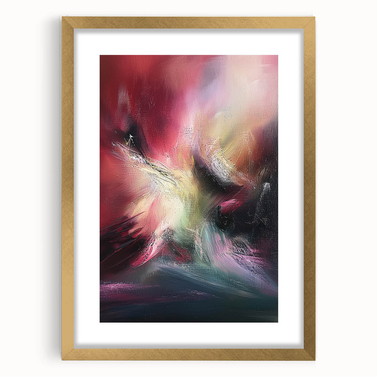 Abstract splatter art frame showcasing vibrant gold accents and a textured mat, ideal for modern decor. Perfect for adding a touch of elegance to any room.
