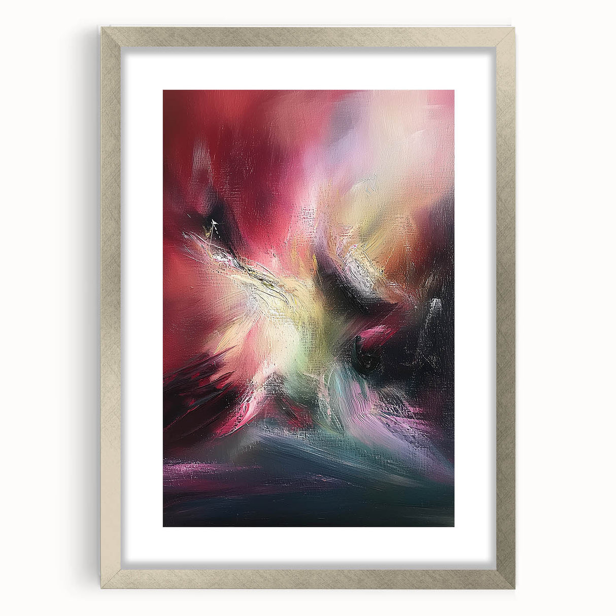 Abstract silver-framed artwork showcasing vibrant, colorful splatters within a mat, ideal for modern home decor and creative interior styling, adding artistic flair.