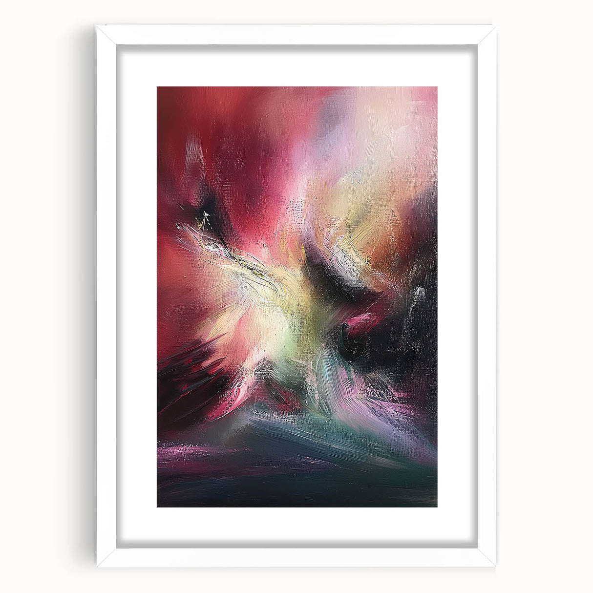 Abstract splatter art frame showcasing a vibrant design with dynamic colors, set against a crisp white mat, ideal for modern home decor and artistic displays.