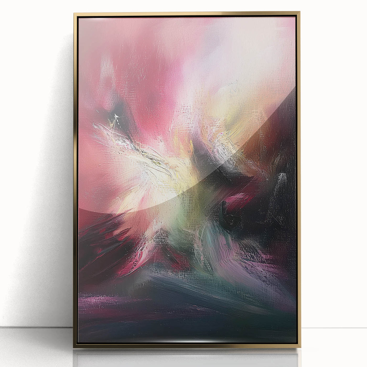 Framed acrylic artwork showcasing abstract gold splatters on a textured surface, set against a stylish black frame, ideal for modern home decor.