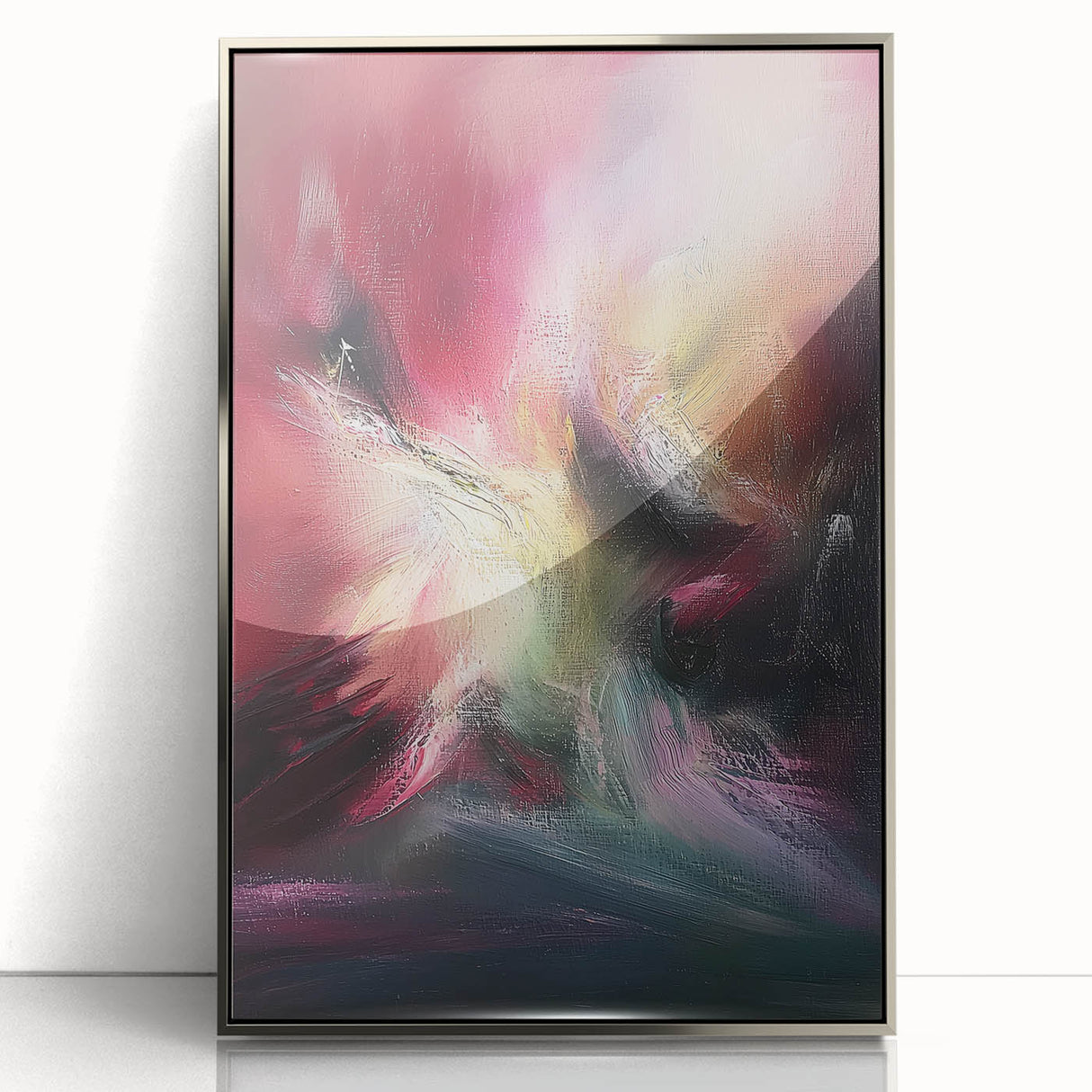 Framed abstract art piece showcasing vibrant splatters of color on a silver background, designed to enhance modern interiors with its dynamic visual appeal.