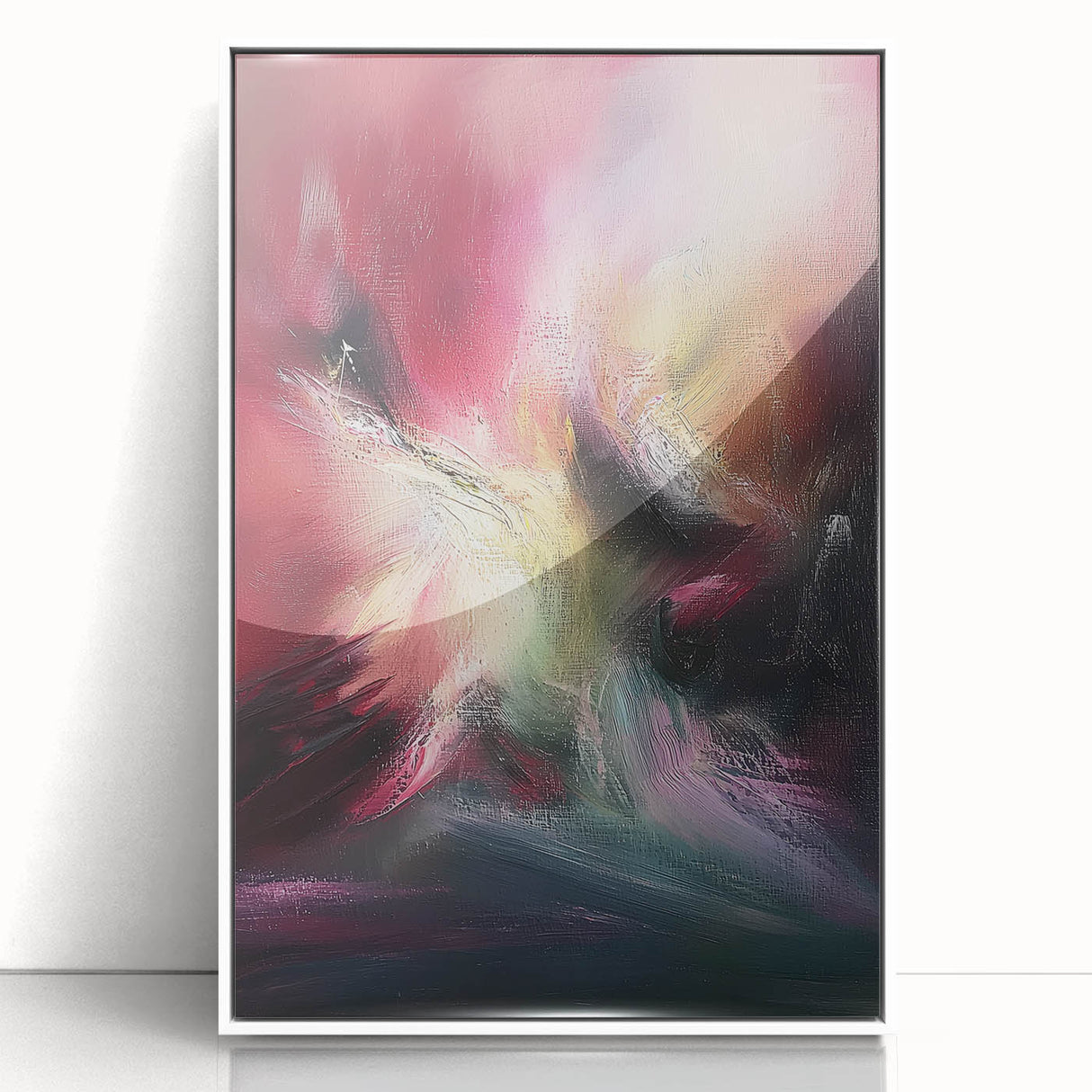 Framed acrylic artwork featuring abstract splatters in vibrant colors, set against a sleek white background, perfect for modern home decor or gallery displays.