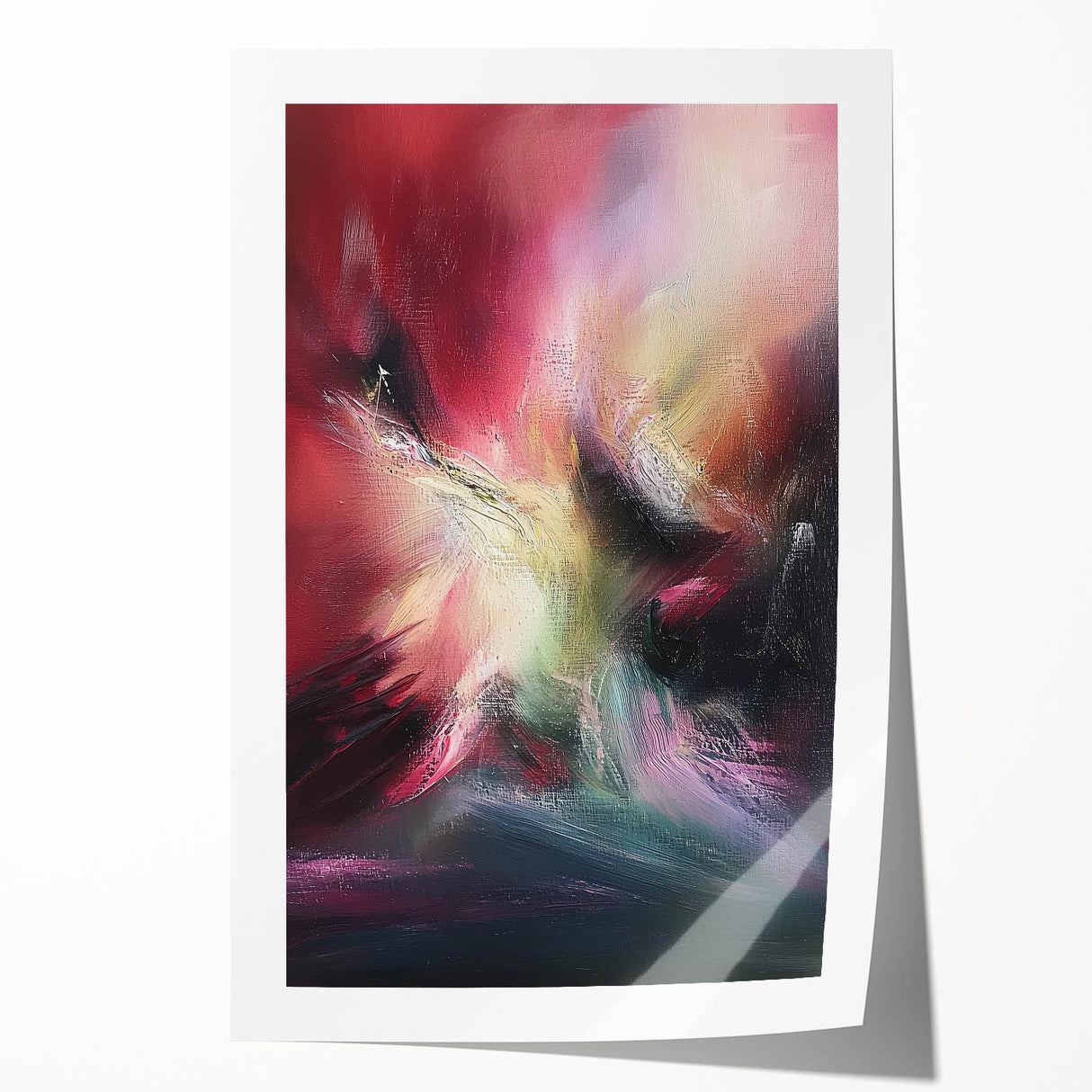 Abstract art print showcasing vibrant blue and orange splatters on a textured surface, elegantly rolled for shipping in a protective cardboard tube.