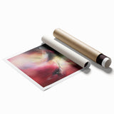 Colorful abstract splatter art print showcasing vibrant hues of blue, orange, and yellow, rolled and ready for display, emphasizing modern artistic expression. Perfect for home decor or contemporary art enthusiasts.