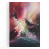 Abstract splatter art on stretched canvas, showcasing vibrant colors like blue, orange, and yellow, ideal for modern home decor or art enthusiasts.