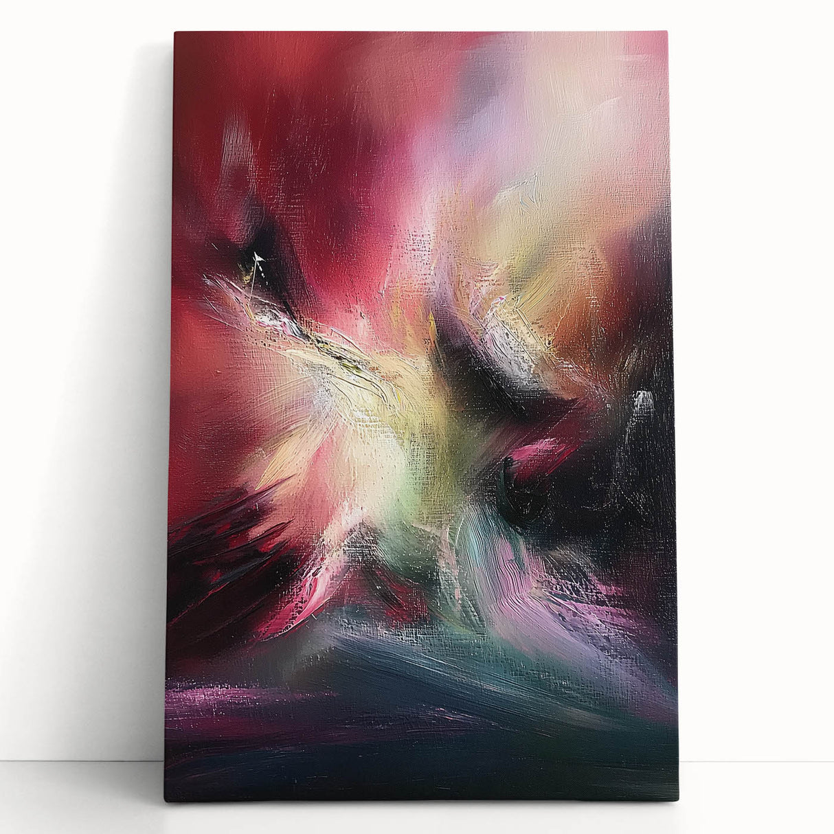 Abstract splatter artwork on stretched canvas, featuring vibrant colors and dynamic shapes, perfect for modern home decor or art enthusiasts.