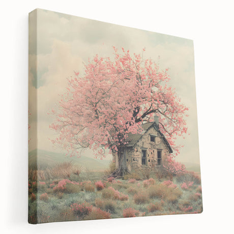 Side view of a stretched canvas depicting quaint cottages in muted earth tones, suitable for kitchen wall art.