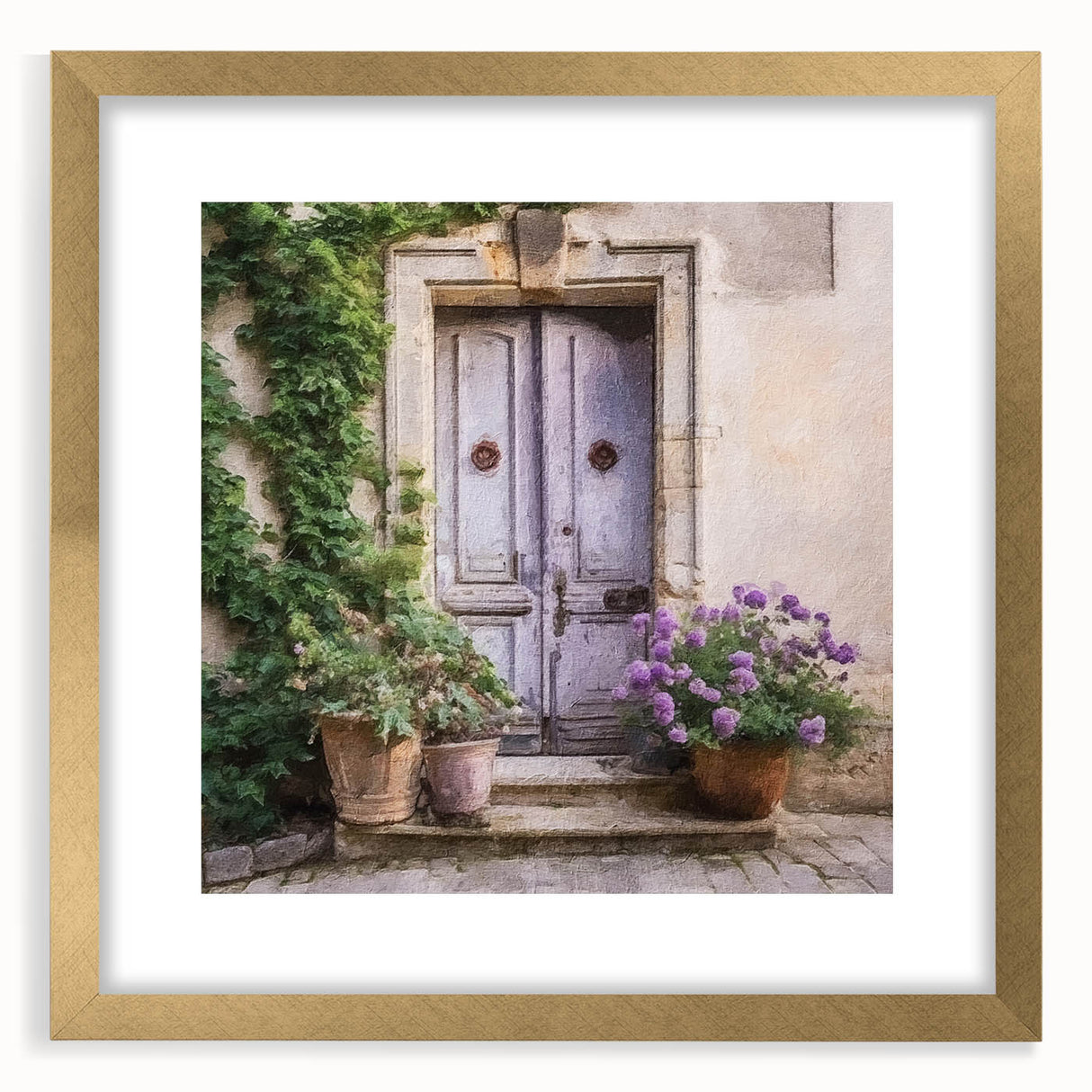 Extra large abstract art print featuring textured patterns in gold and white, framed with a mat, ideal for living room decor.
