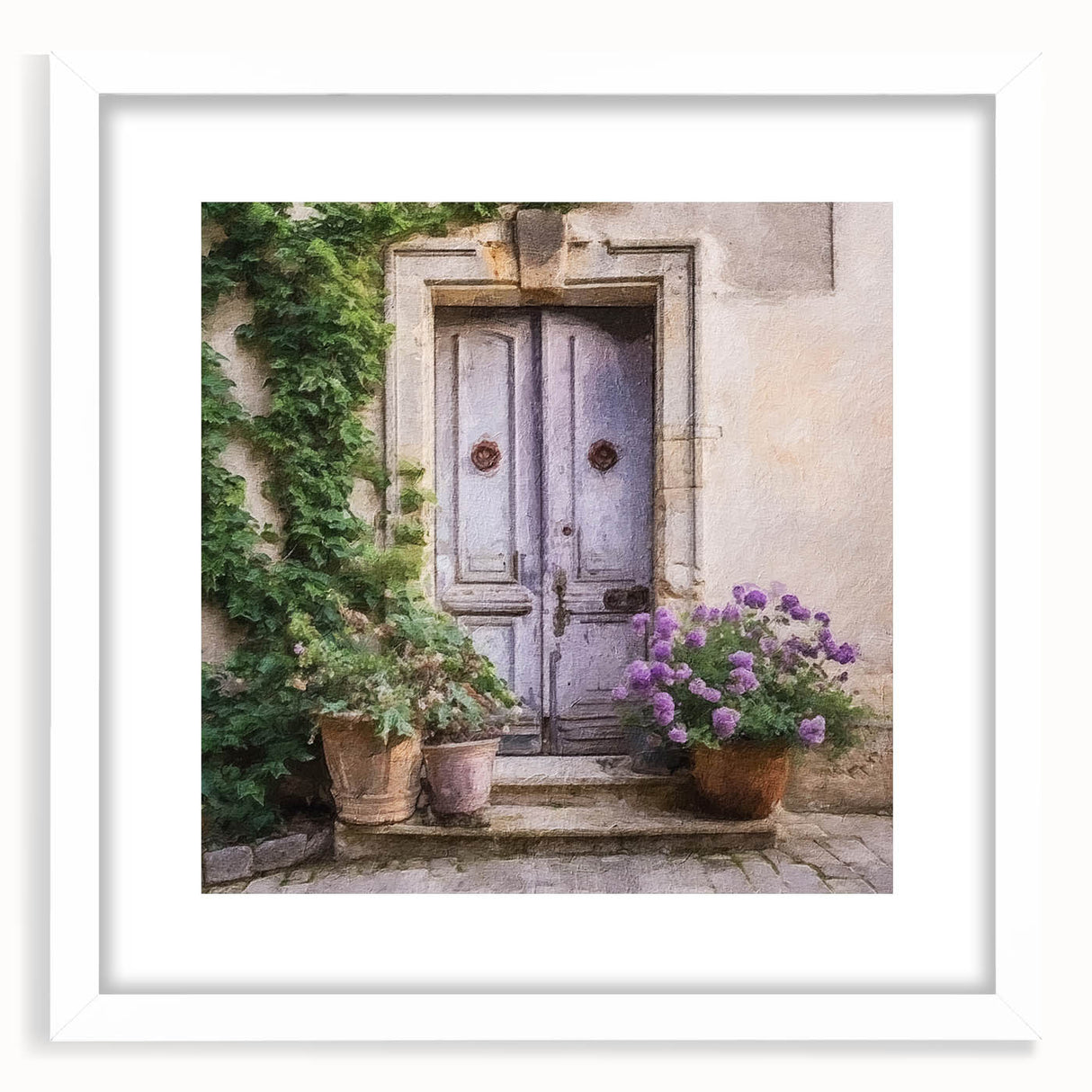 Abstract art print of a minimalist French door design in monochrome tones, framed with a white mat.