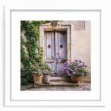Abstract art print of a minimalist French door design in monochrome tones, framed with a white mat.