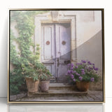Mid-century modernist framed acrylic print of a French door, in gold tones, suitable for nursery wall art.