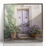 Mid-century modernist art depicting a French door design in silver tones on a framed acrylic print.