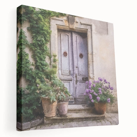 Side view of a large stretched canvas depicting a French door design in neutral tones, suitable for kitchen wall art.