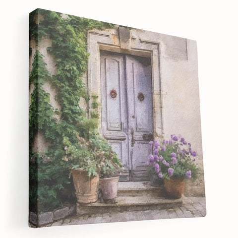 Side view of a large stretched canvas depicting a French door design in neutral tones, suitable for kitchen wall art.