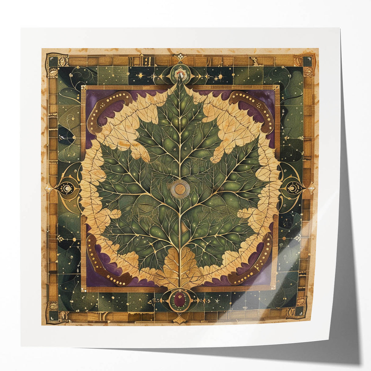Glossy wall art mockup showcasing a vibrant floral design with intricate leaves on a textured background, ideal for home decor inspiration. Perfect for adding a touch of nature to any interior space.
