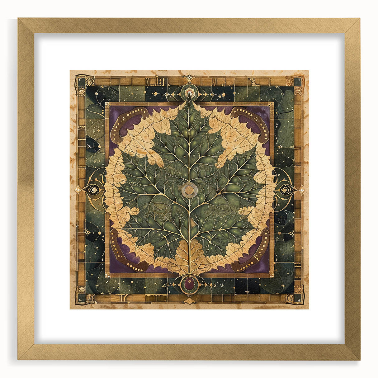 Elegant wall art frame showcasing a floral and botanical design with gold accents, presented with a matte finish, perfect for enhancing home decor.