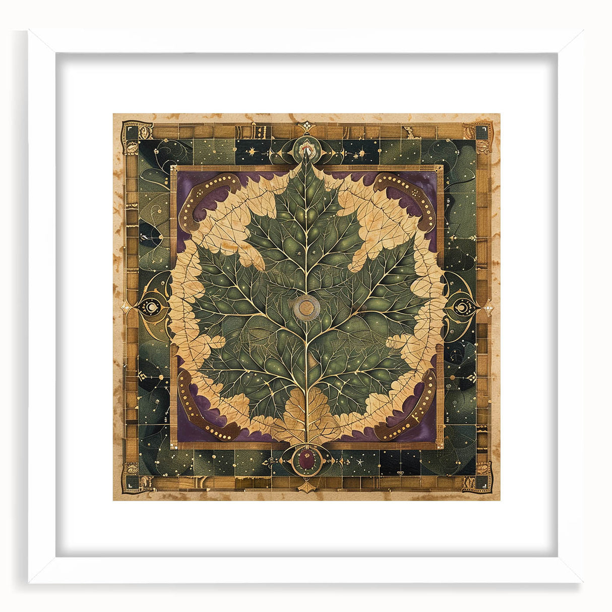 Framed wall art featuring a vibrant floral design with green leaves on a white background, presented in a sleek matte frame, perfect for home decor.