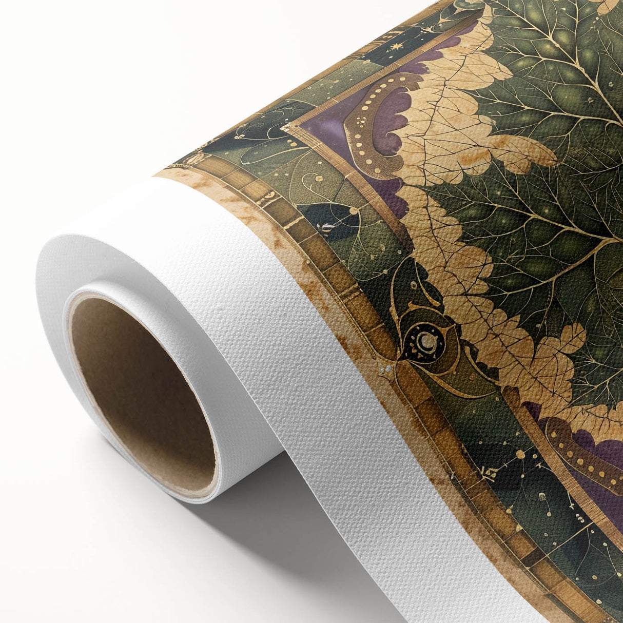 Vibrant rolled canvas wall art showcasing an intricate floral and botanical design, featuring lush green leaves and colorful blossoms, ideal for home decor.