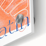 Large abstract wall art in mid-century modernist style featuring bold red and orange tones on acrylic glass.