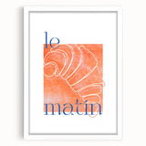 Abstract art print featuring vibrant orange and yellow tones on a white framed canvas, ideal for dining room decor.