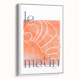 Vintage poster art of colorful food and drink items on a white framed canvas, ideal for living room decor.