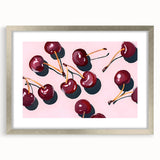 Textured art print featuring an abstract array of fruit in vibrant colors, framed in silver, ideal for bedroom wall decor.