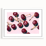 Abstract art print featuring assorted fruits in vibrant colors on a white framed mat, ideal for dining room decor.