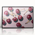 Large abstract wall art featuring assorted fruits in vibrant colors on a black acrylic framed print.