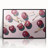Large abstract wall art featuring assorted fruits in vibrant colors on a black acrylic framed print.