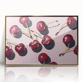Mid-century modernist large art print of assorted fruits in vibrant colors, framed in gold acrylic.