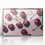 Mid-century modernist art featuring assorted fruits in vibrant colors on a silver framed acrylic.