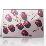 Art deco poster of assorted fruits in bold colors on a white acrylic framed panel, suitable for modern kitchen decor.