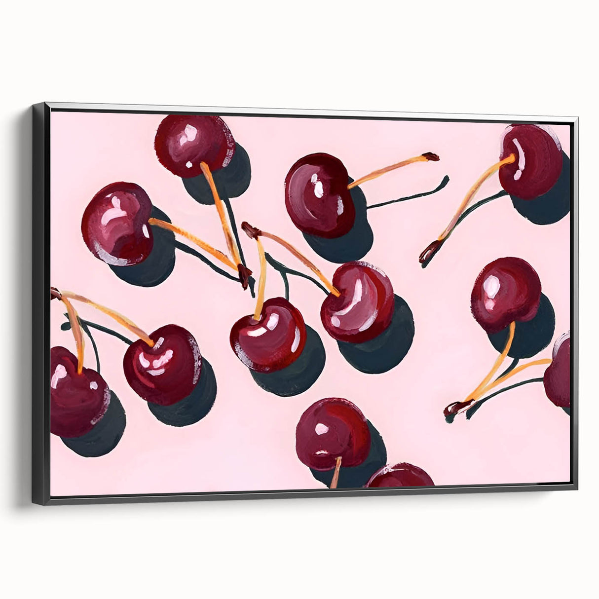 Black and white framed canvas featuring a vintage poster art style array of various fruits, ideal for bedroom wall decor.