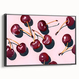 Black and white framed canvas featuring a vintage poster art style array of various fruits, ideal for bedroom wall decor.