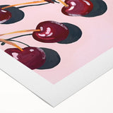 Art deco poster featuring an array of colorful fruits on a rolled canvas, suitable for dining room wall art.