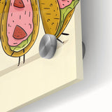 Large abstract wall art on acrylic glass featuring vibrant orange and teal tones, ideal for dining room art.