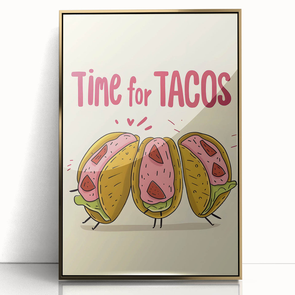 Large art print of a mid-century modernist food-inspired design in gold and white tones on framed acrylic.