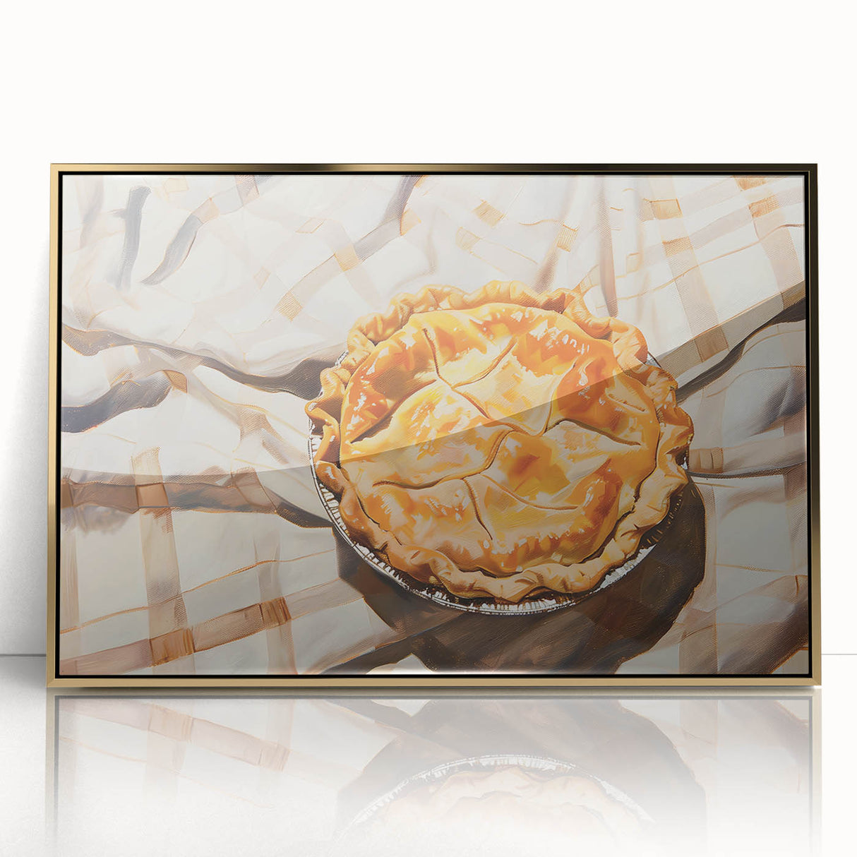 Large art print of assorted pastries in vibrant colors on a gold-framed acrylic, mid-century modernist style.