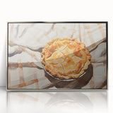 Mid-century modernist art featuring assorted pastries in muted tones on a silver-framed acrylic print.