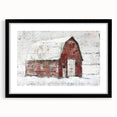 Framed landscape barn wall art with a black mat, showcasing a rustic farm scene in warm tones, perfect for enhancing home decor in country-style interiors.