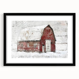 Framed landscape barn wall art with a black mat, showcasing a rustic farm scene in warm tones, perfect for enhancing home decor in country-style interiors.