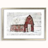 Framed landscape barn wall art featuring a silver mat and sleek frame, ideal for home decor, showcasing rustic charm and artistic detail in a modern setting.