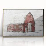 Framed acrylic wall art showcasing a rustic barn landscape design with gold accents, perfect for home decor. Ideal for farmhouse-style interiors.