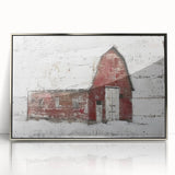 Framed acrylic wall art featuring a serene landscape scene with a rustic barn, set in a silver frame, ideal for enhancing home decor aesthetics.