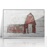 Framed acrylic wall art depicting a picturesque landscape with a rustic barn, set against a vibrant sky, ideal for enhancing home decor with a country charm.